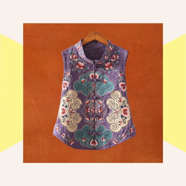 Mandarin collar ethnic vest for women, Spring linen embroidered casual top, Traditional Chinese sleeveless jacket with qipao fasteners