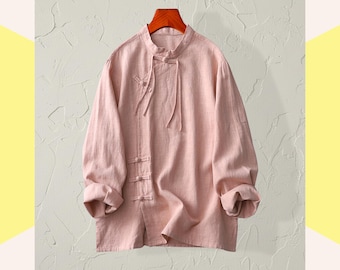 Pink Cotton Tunic Blouse, Mandarin Collar Asymmetrical Front Vintage-Inspired Dusty Rose Zen-Style Hanfu Shirt