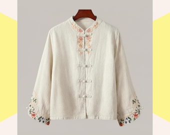 Bestickte Baumwollbluse in Leinenoptik, Stehkragen mit Froschknopfleiste, asiatischer Stil, leichtes Frühlingsoberteil