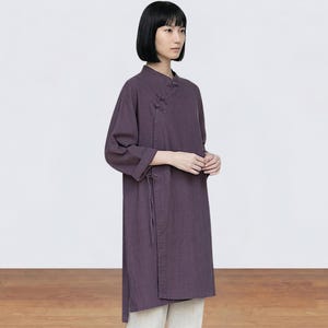 Eggplant Purple Linen Shirt, Mandarin Collar Chinese Knotted Button Casual Long Tunic Boho Top