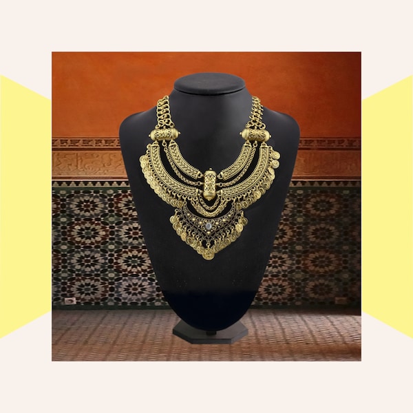 Vintage gold coin necklace for women, Bold statement, ethnic costume, bohemian fashion jewelry