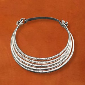 Multi layered classic collar ring necklace, Silver statement, Engraved boho neck torque, Tribal bohemian casual accessory for Hmong style