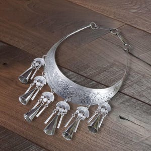 Tribal boho necklace, Statement choker, Chic ethnic bohemian, Hmong inspired, Engraved silver collar torque for festival & traditional wear