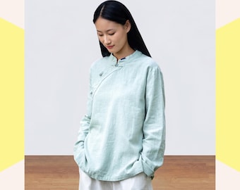 Mint Green Linen Blend Blouse, Chinese Knot Button Mandarin Collar Zen Top for Women
