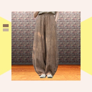 Brown crinkle natural fabric pants, Boho wide leg trousers, Relaxed fit, Elastic waist, Earthy Bohemian style, Rustic casual street wear