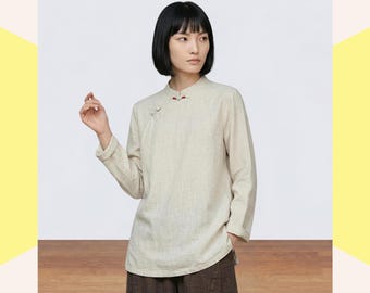 Women's Linen Cheongsam Top, Long Sleeve Mandarin Collar Blouse, Zen Style Casual Asian Outfit