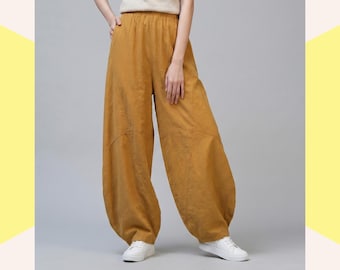 Mustard Yellow Wide Leg Pants, Elastic Waist Balloon Trousers, Casual Summer Cotton Travel Wear