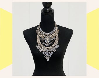 Bohemian statement large bib necklace, Edgy style, festival fashion neck ornament, Vintage silver, rhinestone crystal, filigree