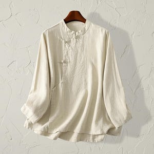 Natural Oatmeal Linen-Look Cotton Blouse, Mandarin Collar and Traditional Knot Buttons Shirt for Women