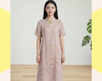 Mauve Botanical Print Dress, Modern Qipao Style, Loose Summer Linen Cheongsam Outfit for Women