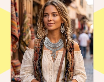Silver Coin Collar Necklace, Tribal Inspired Choker, Bold Statement Women Jewelry for Bohemian Wear