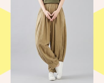 Linen Harem Pants, Wide Leg Baggy Trousers for Women, Elastic Waist Summer Beach Outfit