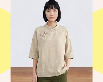 Beige Chinese Style Blouse, Mandarin Collar Hanfu Inspired Shirt, Oriental Pankou Top for Women