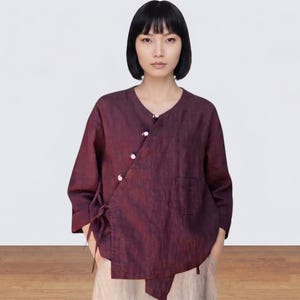 Dark Red Wrap Blouse Top for Women, Asymmetrical Side Button Casual Summer Linen-Blend Shirt