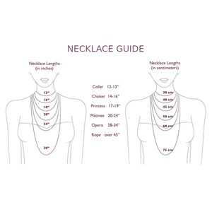 A necklace guide showing different necklace lengths in inches and centimeters. Necklace Lengths (in inches): 12, 16, 18, 20, 24, 30. Necklace Lengths (in centimeters): 30 cm, 40 cm, 45 cm, 50 cm, 60 cm, 75 cm.