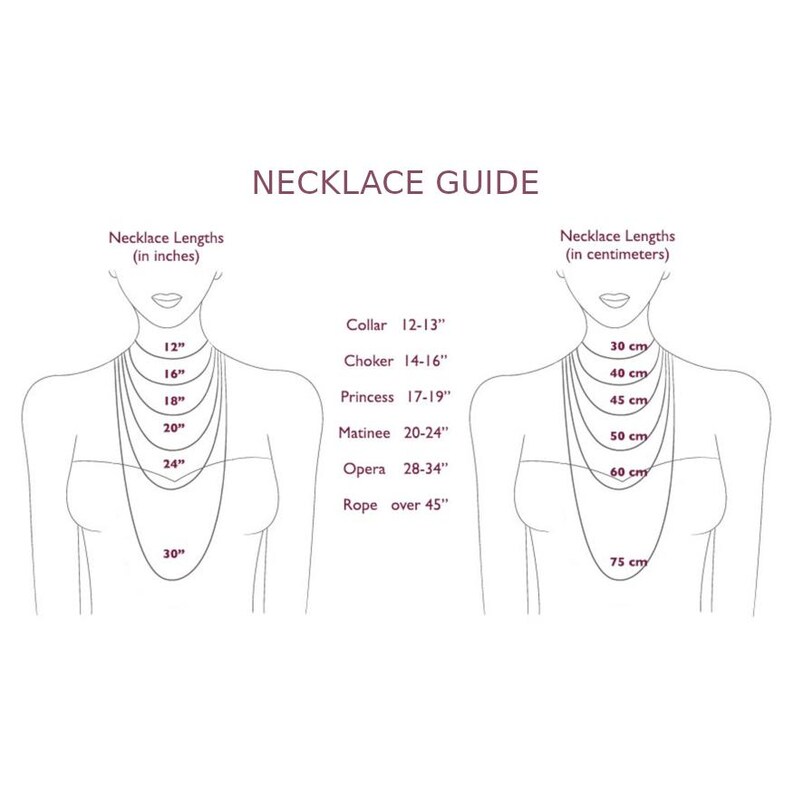A necklace guide showing different necklace lengths in inches and centimeters. Necklace Lengths (in inches): 12, 16, 18, 20, 24, 30. Necklace Lengths (in centimeters): 30 cm, 40 cm, 45 cm, 50 cm, 60 cm, 75 cm.
