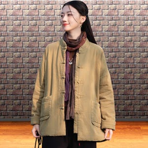 Quilted cotton zen jacket: Mustard yellow mandarin collar outerwear, Patch pockets, Padded winter coat