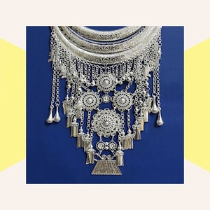 Southeast Asian flare: Large handcrafted necklace, Hmong silver, Lotus flower torques, Ethnic bohemian jewelry for elegance & tradition