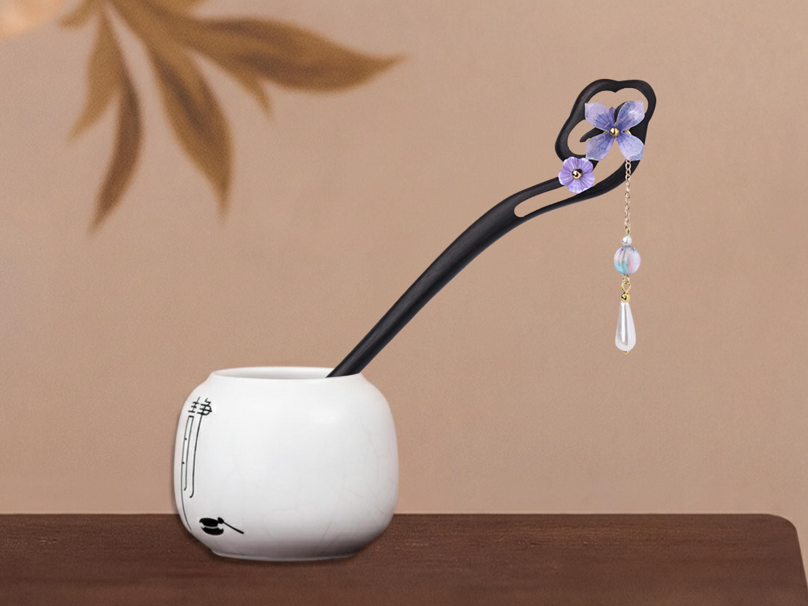 From Japan Floral Kanzashi Hair Stick with Pearl Dangles - Black & Lavender 1 pc of Chinese Japanese Kanzashi Hair Stick in Fabric  main image 2