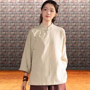 Traditional Chinese style blouse top with mandarin collar, Long sleeves, loose fit Asian modern beige hanfu shirt for taichi, qigong, M-2XL