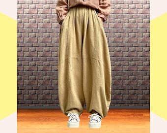 Camel brown linen balloon pants, High waist wide leg trousers, Voluminous drop crotch fit