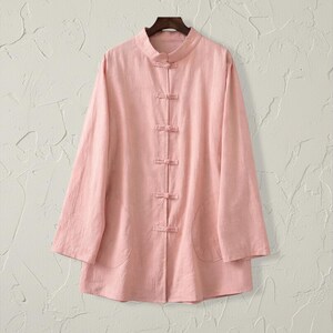 Pink Linen Shirt Jacket, Tang Inspired Lightweight Women's Chinese Style Shacket for Casual Wear
