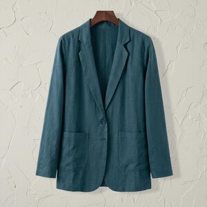 Minimalist Linen Jacket, Lightweight Relaxed Fit French Vintage Teal Blue Casual Blazer for Everyday