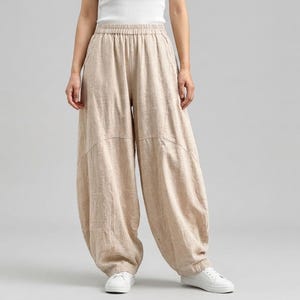 Oatmeal Linen Balloon Pants, Wide Leg Women Trousers, Casual Boho Daily Wear for Minimalist