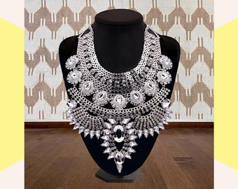 Statement Rhinestone Choker, Silver Chandelier Bib Necklace, Heavy Glam Collar for Formal Wear