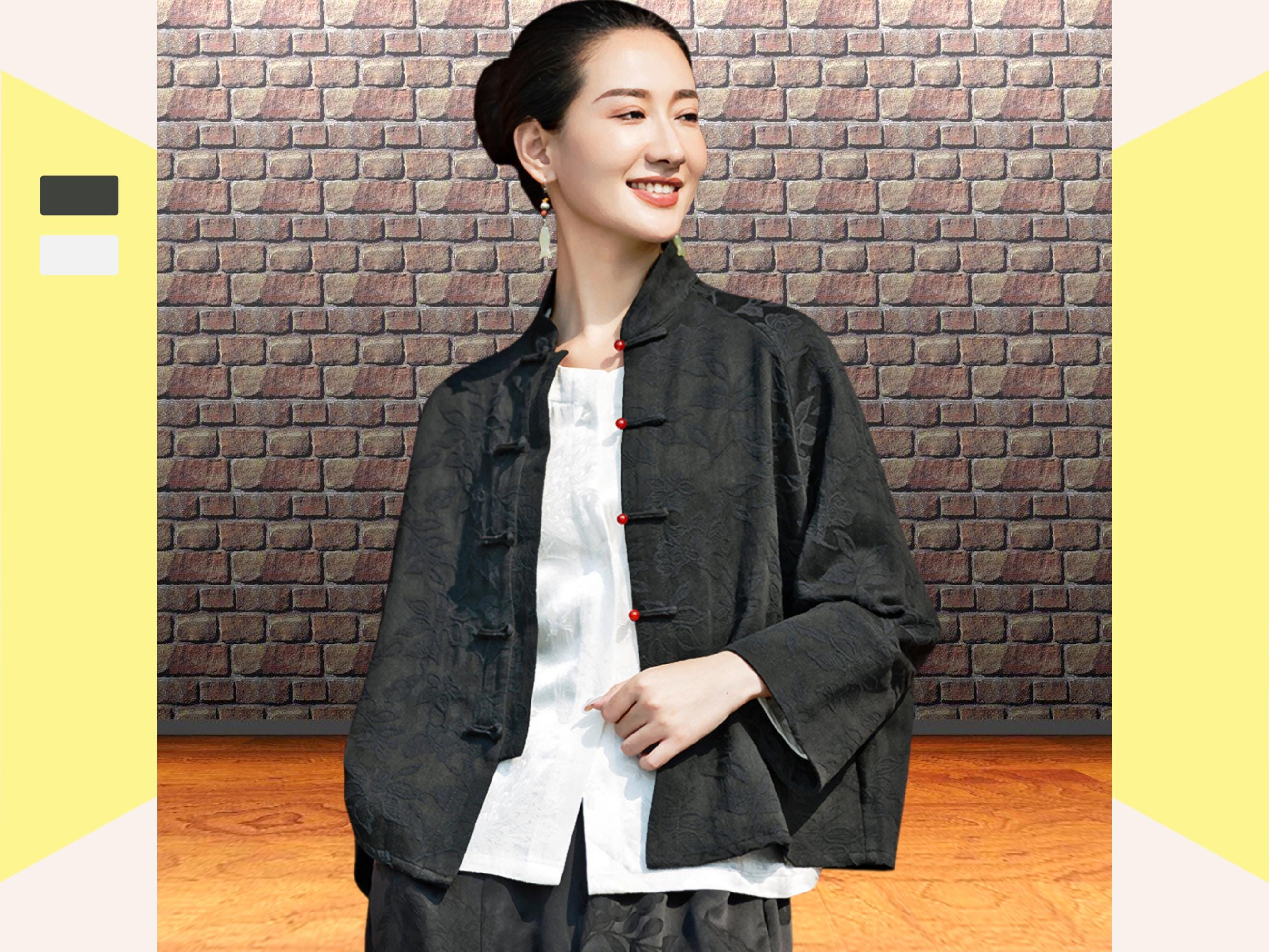 チャイナジャケット　黒　古着 美品 チャイナジャケット ジャガード クルーネック 中華 長袖 ブラック 黒 トップス アウター ノーカラージャケット 古着