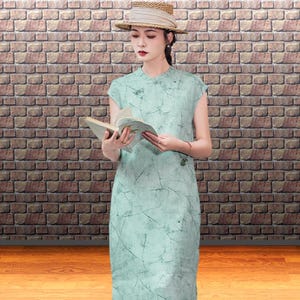 Qipao dress, Modern Chinese cheongsam, Abstract pring, Mandarin collar, Loose fit boho relaxed tunic, Casual summer midi for women&#39;s wear