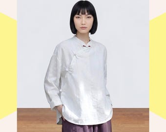 White Linen Qipao Blouse, Casual Mandarin Collar Oversized Loose Shirt, Cotton Wear Clothes