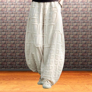 Boho linen baggy pants, Casual trousers with pockets, patchwork design, Relaxed, barrel, lantern, beige balloon, wide leg trousers for women