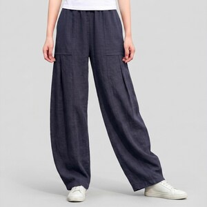 Wide-Leg Lantern Pants, Navy Blue Minimalist Balloon Trousers, High-Waist Loose Fit Casual Summer Wear