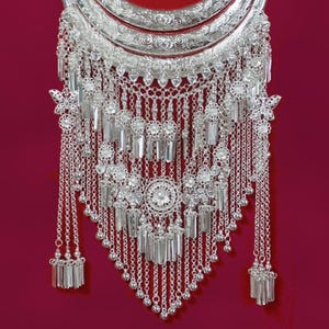 Large statement necklace for festival, Engraved ring collars, Flora geometric motifs, Hill tribe silver Hmong neck, small charms & fringe