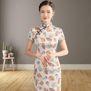 Short Cheongsam-Inspired Silk Dress, Modern Mini Chinese Qipao, Beige Leaf Print Women Party Wear
