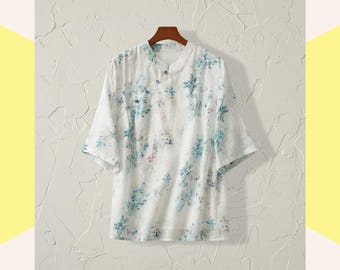 Floral Print Cotton Blouse, Mandarin Collar Loose Fit Lightweight Casual Summer Top for Women