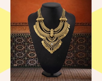 Vintage Gold Coin Bib Necklace, Ethnic Tribal Statement Jewelry, Women's Multi-Layer Filigree Party Accessory