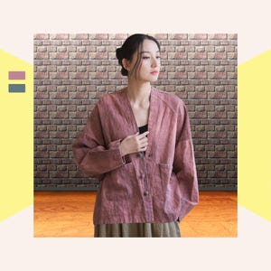 Stone-washed cardigan style linen jacket, Casual spring outerwear, Loose fit, Front pockets, Snug women's outfits for travel and lounge