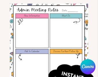 Peut inclure: Une page de planificateur numérique imprimable avec un design coloré et le texte "Admin Meeting Notes". La page est divisée en quatre sections : "Nouvelles informations", "À faire", "Ajouter au calendrier" et "Discuter plus en détail/Suivi".