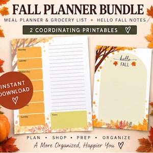 Fall Meal Planner Bundle | Weekly Grocery List + Hello Fall Notes (Digital Download)