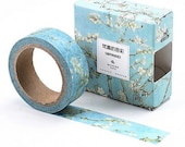 Almond Blossom Van Gogh Washi Tape, Decorative Tree Blossom Planner BUJO Journal Tape, Blue White Blossom Gift Packaging Masking Tape