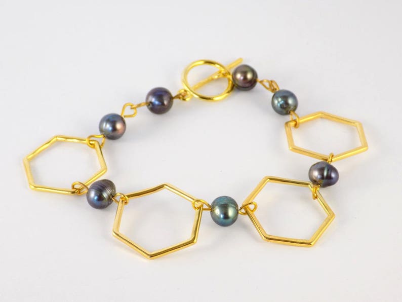 Golden Bracelet 4 Hexagons Grey Tahitian Pearls