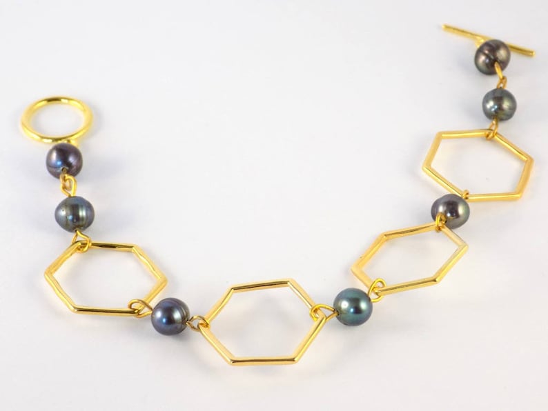 Golden Bracelet 4 Hexagons Grey Tahitian Pearls