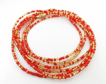 Gold & Red Waist Beads - African Waist Beads - Belly Chain for Weight Loss - With Clasps