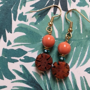Coral Swarovski Pearl, Blue Zircon Swarovski Crystal & Dark Orange Wood Salwag Star Beaded Earrings - Gold Finished Brass Flower Bead Caps