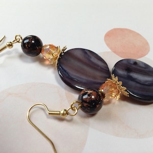Blue Shell, Salmon Fire Polished Glass & Goldstone Beaded Earrings With Gold Plated Brass Filigree, Leaf And Flower Bead Caps