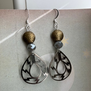 Metal & Faceted Glass Beaded Earrings - Teardrops, Lightning Bolts, Mixed Metal, Grey, Antiqued Gold, Upcycled