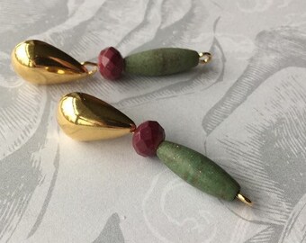 Green Magnesite & Thunder Polish Glass Crystal Beaded Earrings - Gold-Plated Brass Teardrop Earstuds