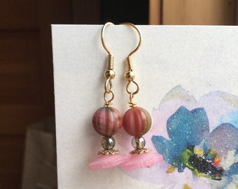 Glass, Gold-Plated Brass & Lucite Flower Beaded Earrings With Gold-Plated Brass Filigree Beadcaps - Pink, Green, Corrugated